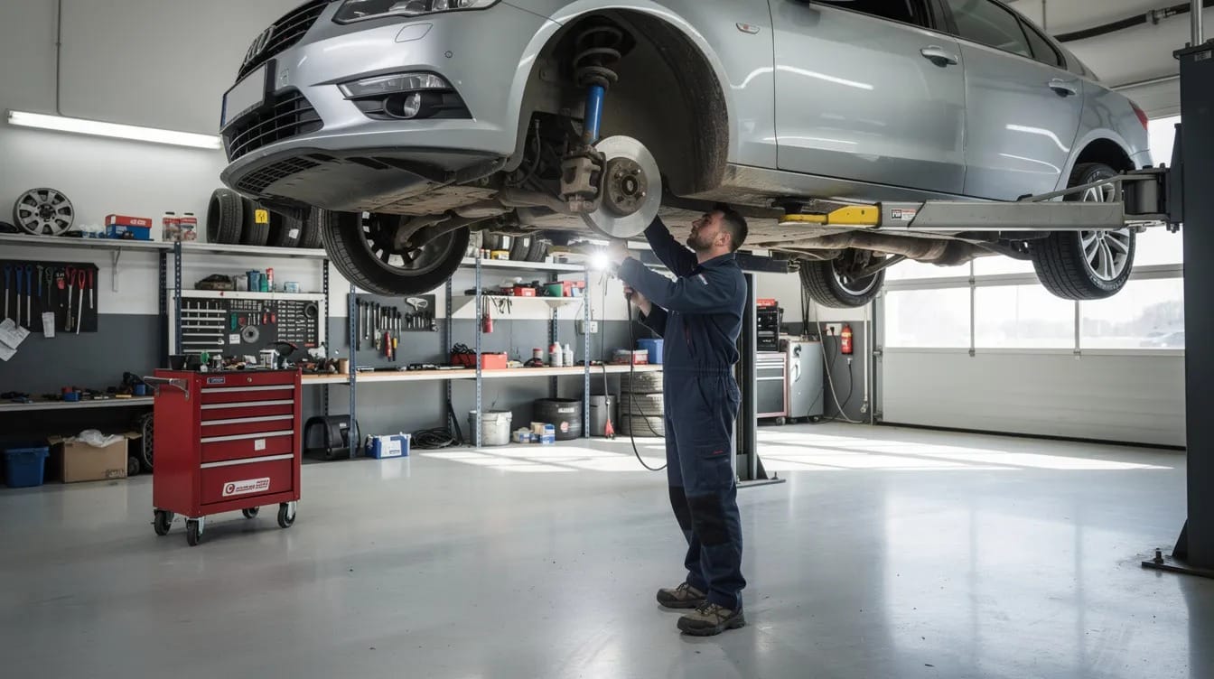 BMW E90 ridicat pe elevator pentru verificare suspensie si directie