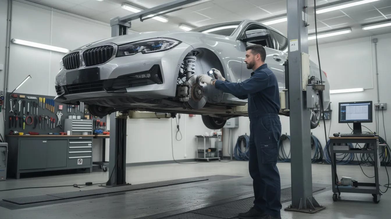 BMW F30 ridicat pe elevator pentru verificare suspensie si directie