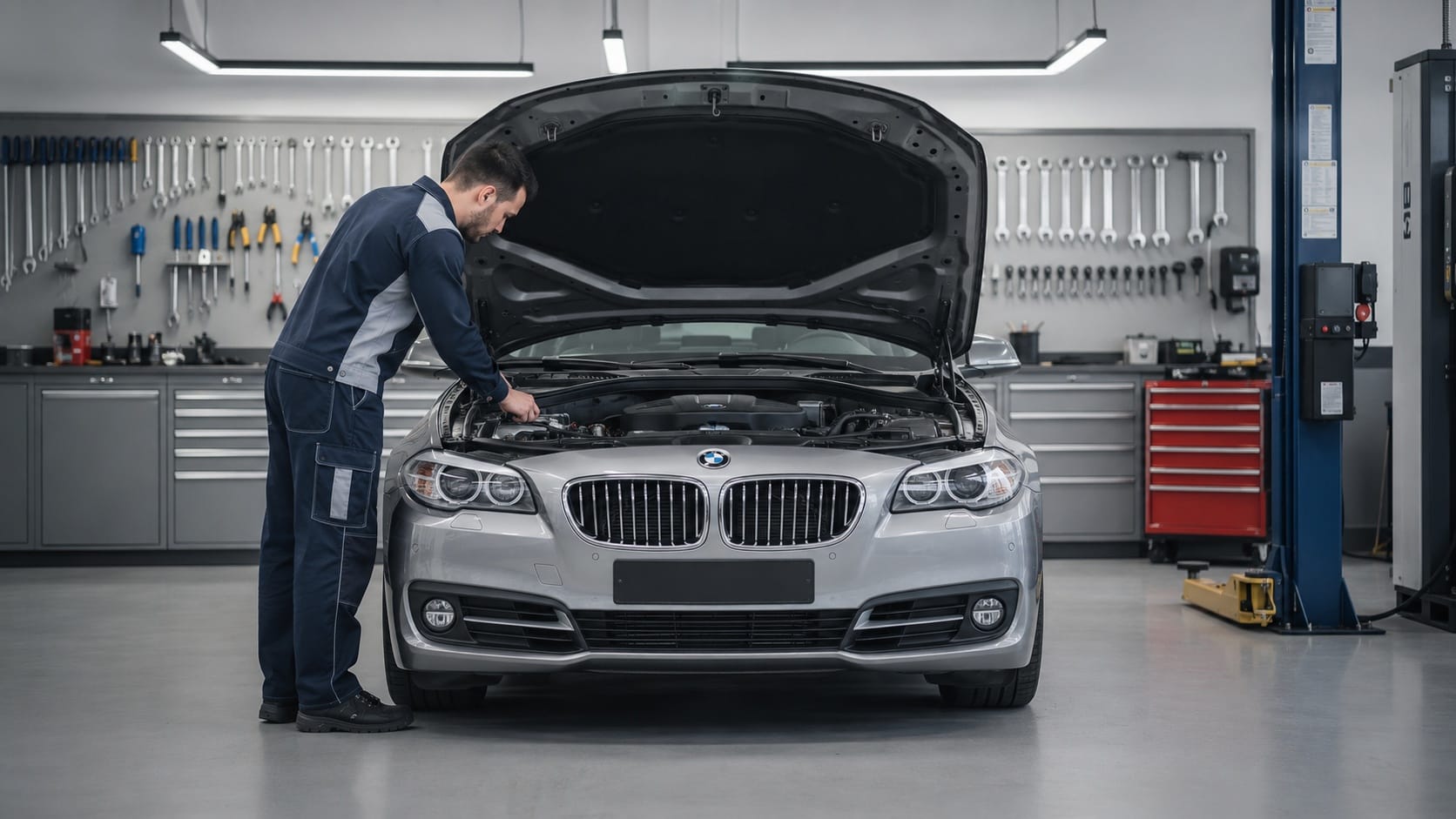 BMW Seria 5 F10 verificat pe elevator pentru probleme la suspensie si directie