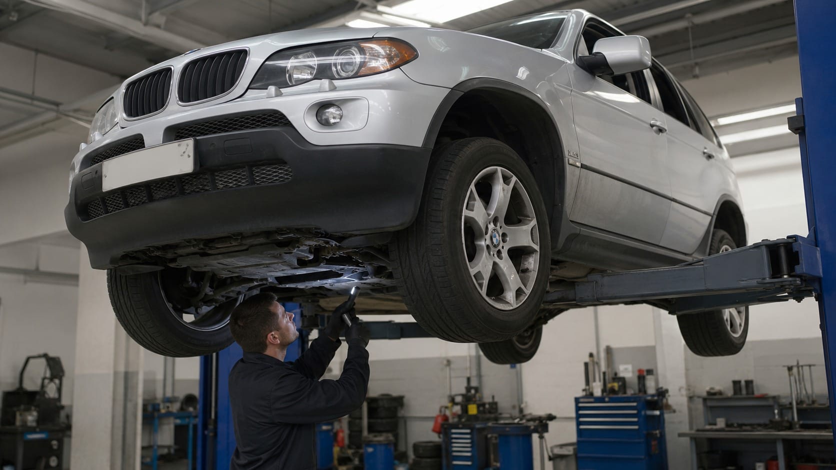 BMW X5 E53 verificat sub masina in service auto Brasov