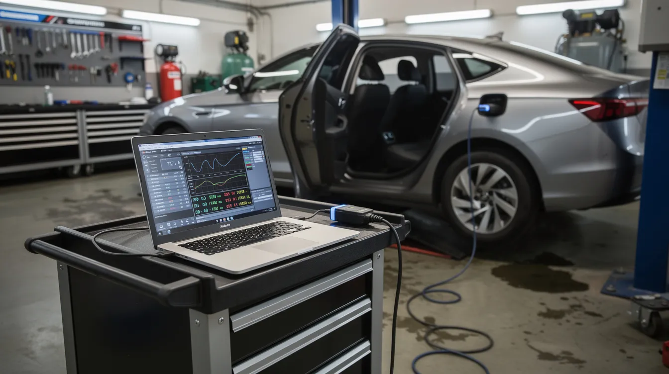laptop de diagnoza conectat la masina pentru electronist auto si electrician auto