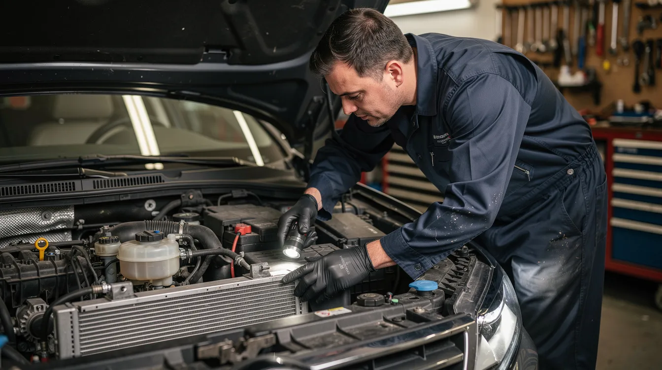 mecanic verifica sistemul de racire al motorului in service auto Brasov