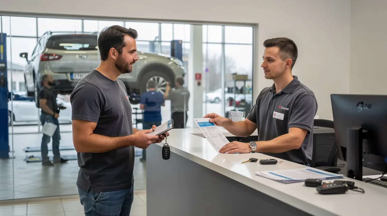 Consilier service prezentand clientului un deviz de reparatii auto in Brasov