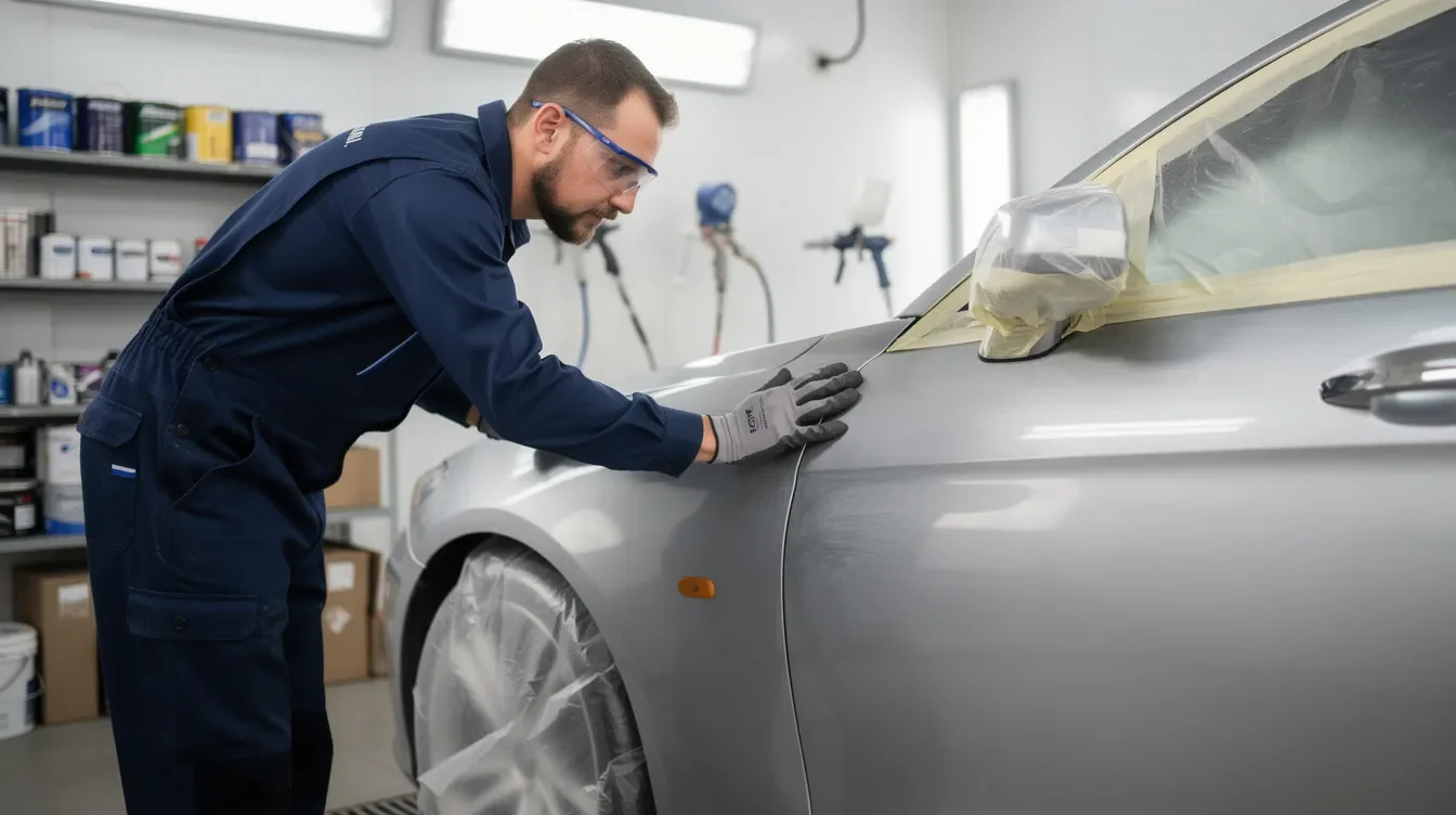 Tehnician pregateste caroseria pentru vopsire in atelier auto Brasov