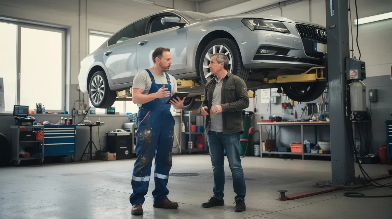 client discutand cu mecanicul la un service auto aproape de Predeal