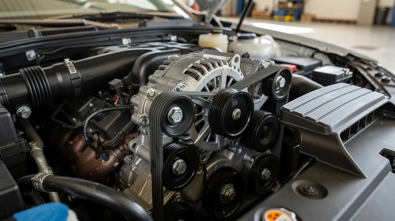 Alternator și curea de accesorii vizibile în compartimentul motor al unui autoturism