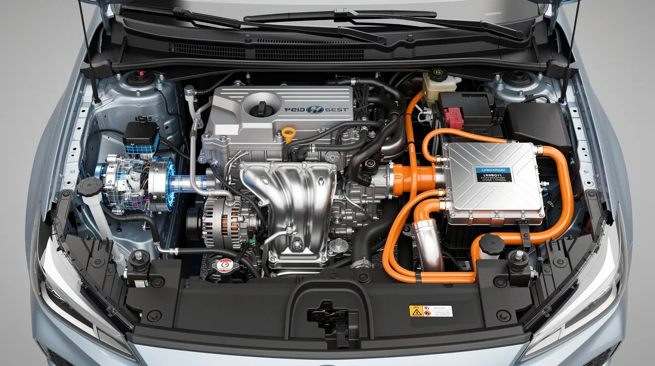 Imaginea prezintă un motor de mașină hibridă, evidențiind componentele electrice și termice într-un compartiment motor modern. Se pot observa detalii precum motorul electric, motorul pe benzină și sistemele de frânare regenerativă, toate contribuind la eficiența energetică a vehiculului.