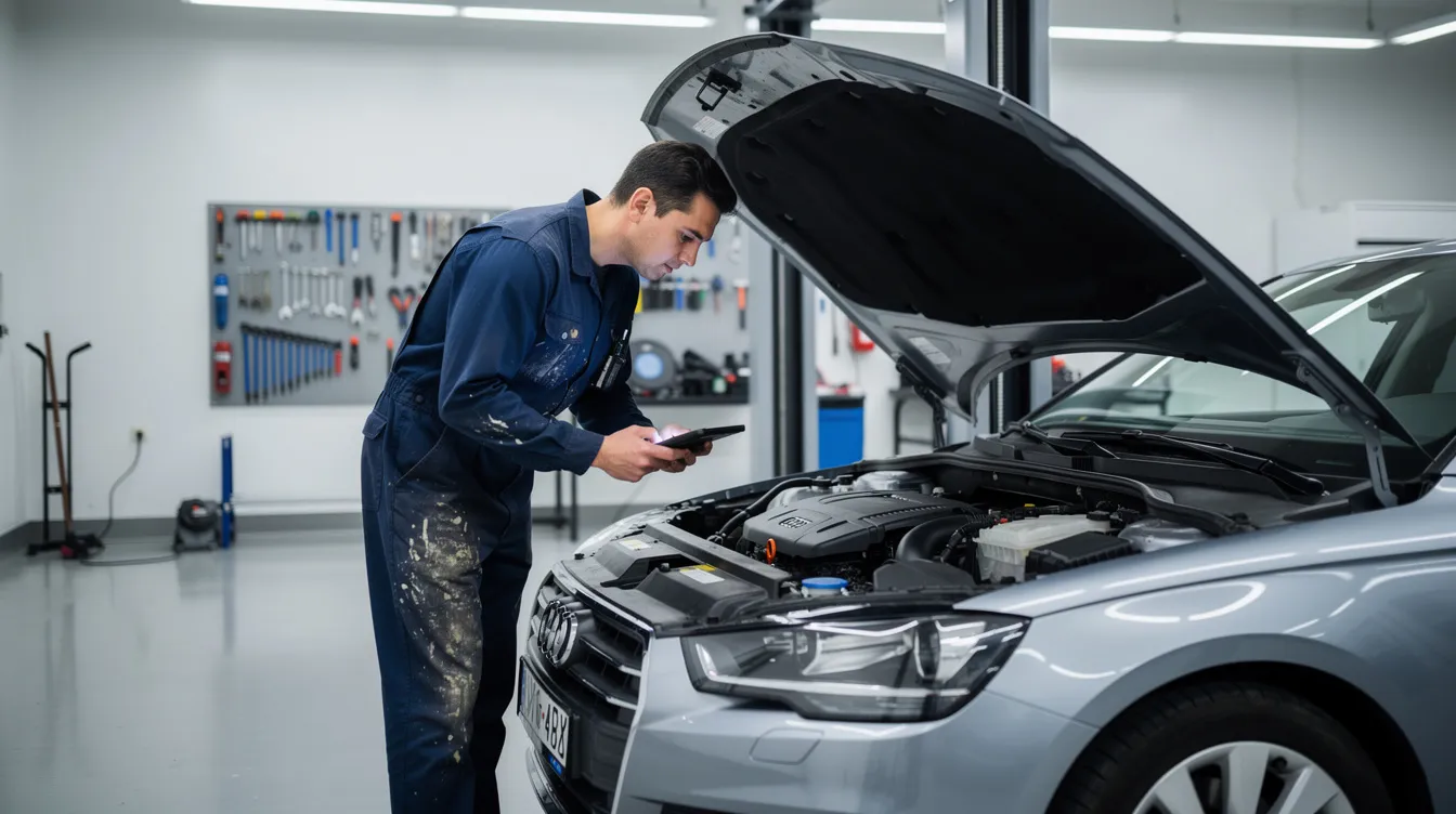 Un mecanic verifică cu atenție motorul unei mașini într-un atelier auto curat, analizând semnele de defecțiune, cum ar fi zgomotele neobișnuite sau consumul crescut de combustibil. În fundal, se observă unelte și echipamente necesare pentru diagnosticarea problemelor vehiculului.