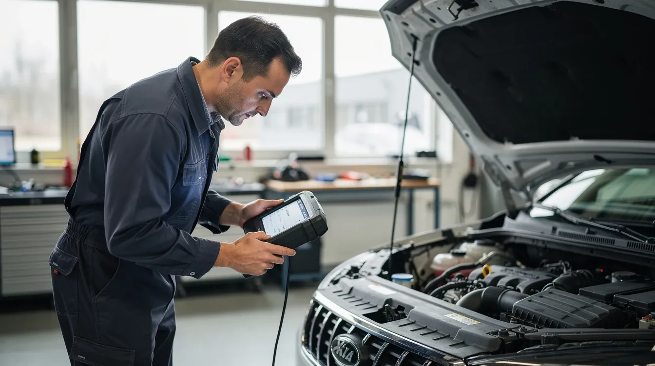 Mecanic care utilizează un tester de diagnoză pentru verificarea sistemului airbag la un autoturism