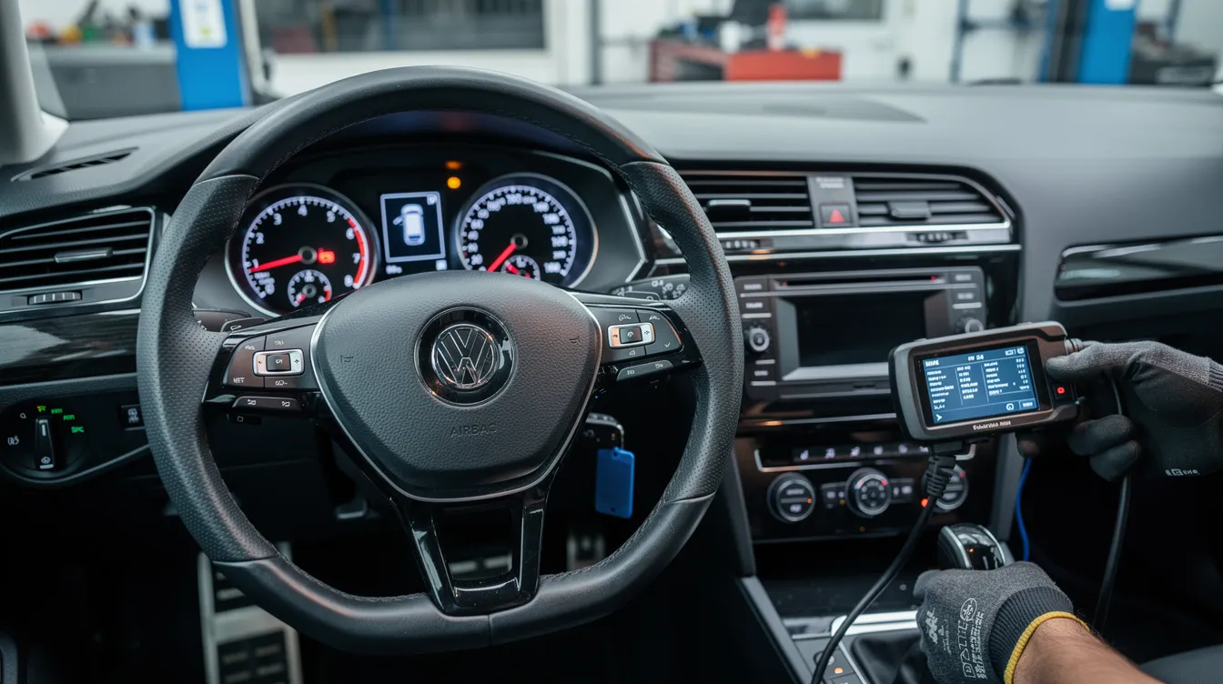Imaginea prezintă volanul și bordul unei mașini în timpul unei verificări auto, evidențiind sistemul de direcție. Se pot observa semne de uzură și posibile defecțiuni, care indică necesitatea unei verificări complete a componentelor vehiculului pentru a asigura siguranța în trafic.