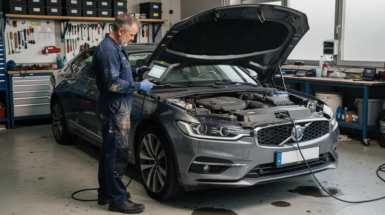 Un mecanic auto folosește un scanner de diagnostic OBD conectat la o mașină diesel într-un service profesionist. Acesta analizează datele motorului pentru a identifica problemele, inclusiv cele legate de bujiile incandescente.