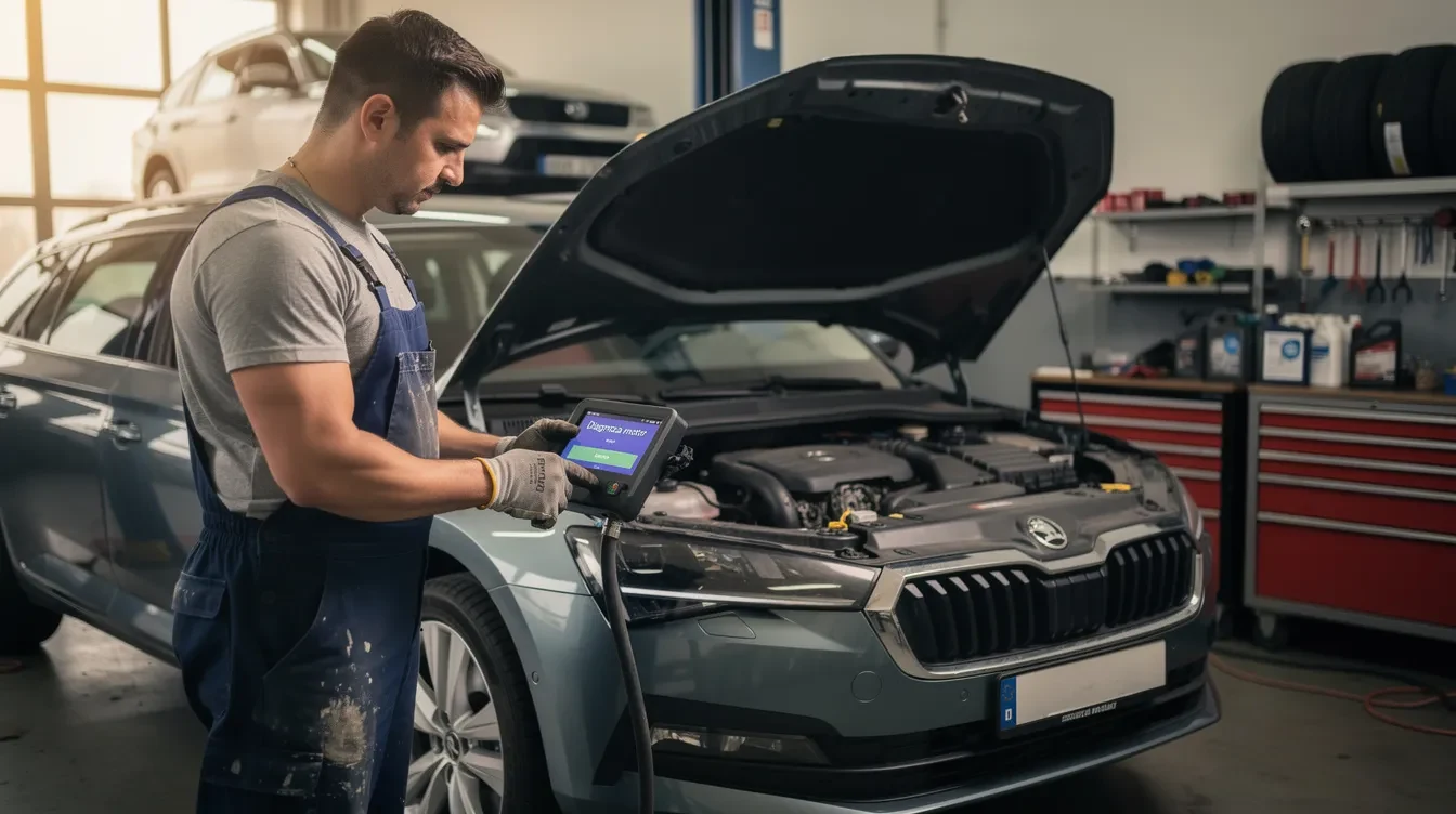 Mecanic care verifică un autoturism cu un tester de diagnoză pentru probleme legate de filtrul de particule DPF