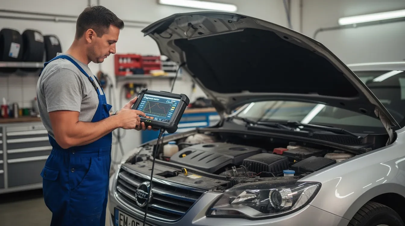 Mecanic care verifică sistemul electronic al unui autoturism cu tester de diagnoză