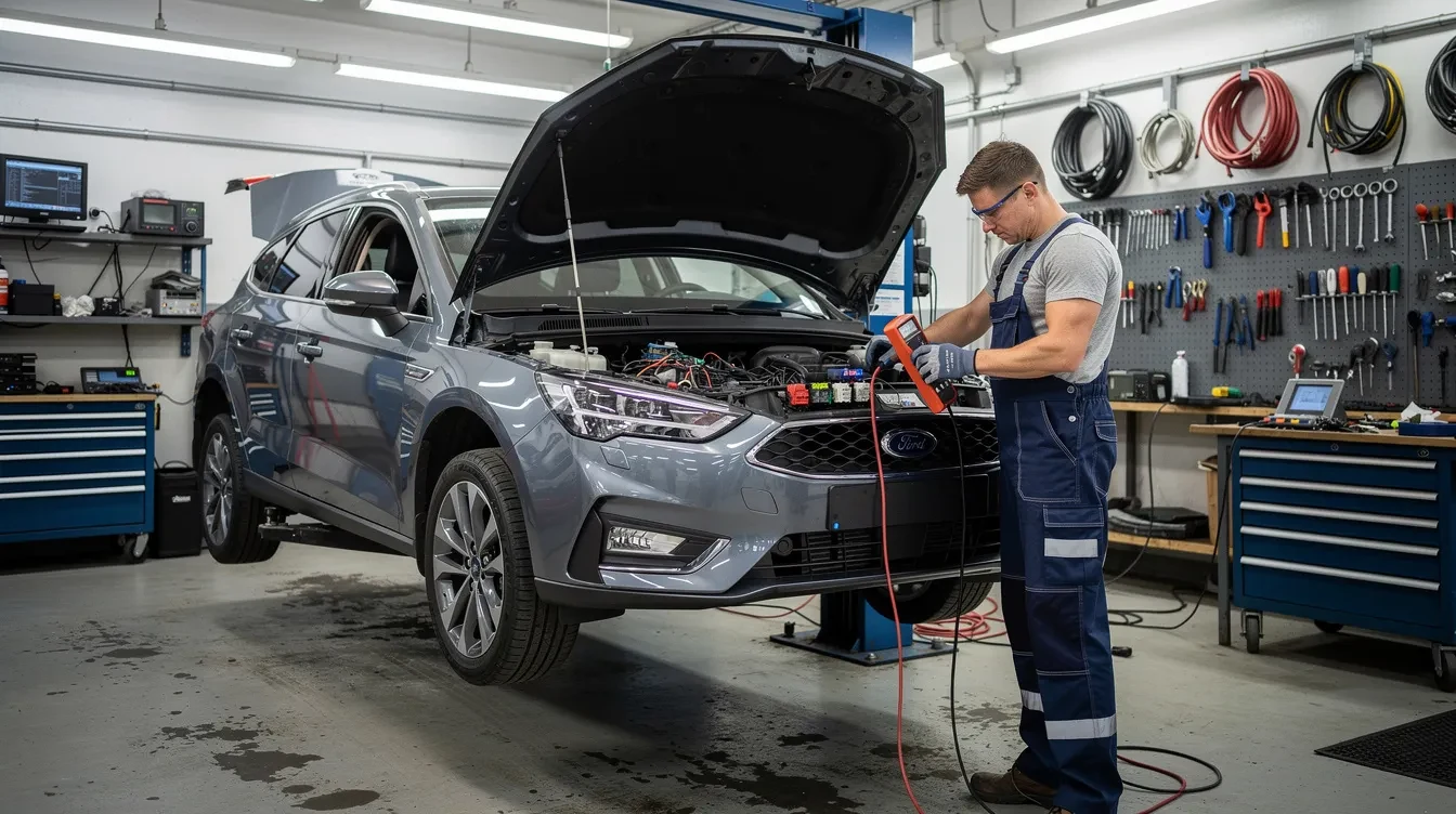 Mecanic care verifică instalația electrică pentru luminile de ceață la un autoturism