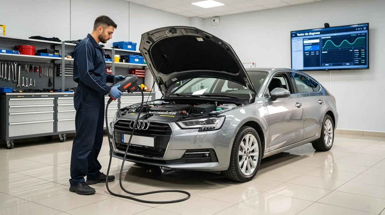 Un mecanic auto lucrează într-un service modern, conectând un tester de diagnostic la o mașină, pregătindu-se să verifice nivelul uleiului și presiunea acestuia pentru a identifica eventualele probleme ale motorului. În fundal, se pot observa unelte și echipamente specifice pentru întreținerea auto.
