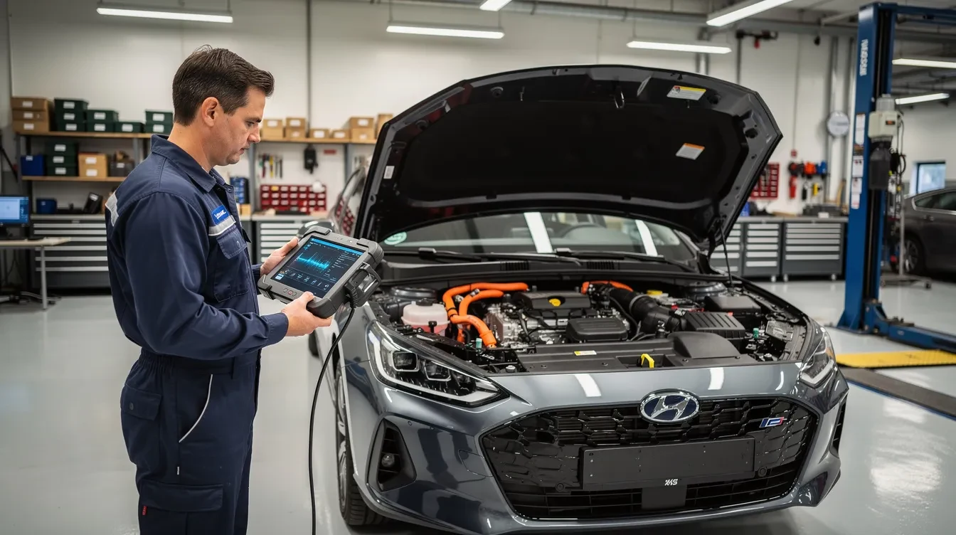 Imaginea prezintă un mecanic auto care folosește un tester de diagnosticare computerizată pe o mașină hibridă modernă într-un atelier profesionist. Mecanicul analizează sistemele vehiculului, care combină un motor pe benzină cu un motor electric, pentru a optimiza economia de combustibil și performanța acestuia.