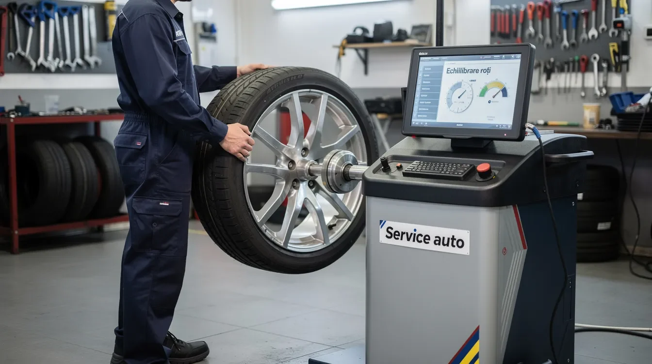 Mecanic echilibrând o roată cu jantă de aliaj într-un service auto