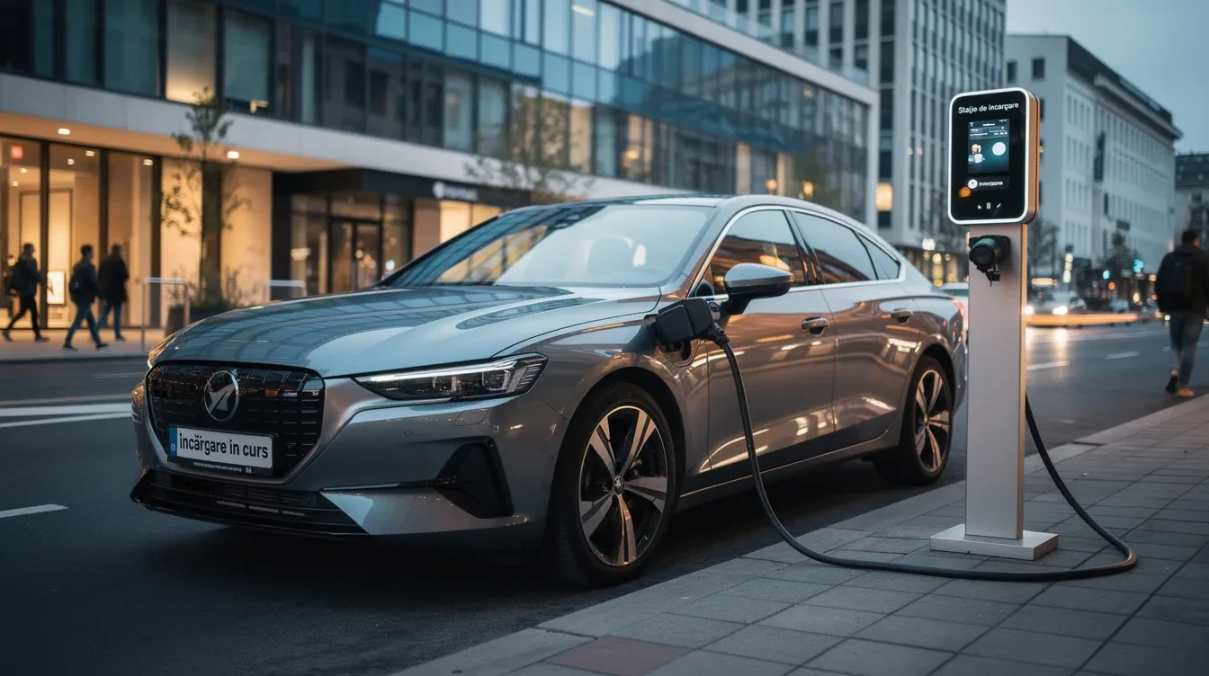 Imaginea prezintă o mașină plug-in hybrid conectată la o stație de încărcare într-un mediu urban, evidențiind tehnologia hibridă care combină motorul electric și motorul pe benzină pentru o economie de combustibil optimă. În fundal se pot observa clădiri moderne și alte vehicule, subliniind contextul urban al scenei.