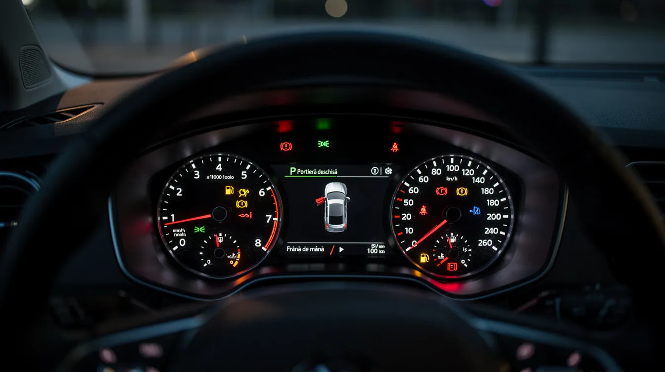 Imaginea prezintă un bord auto cu martori luminoși aprinși, indicând posibile probleme cu sistemul de frânare al mașinii oprite. Aceste semne sugerează că plăcuțele de frână ar putea fi uzate și necesită verificare pentru a asigura siguranța vehiculului.