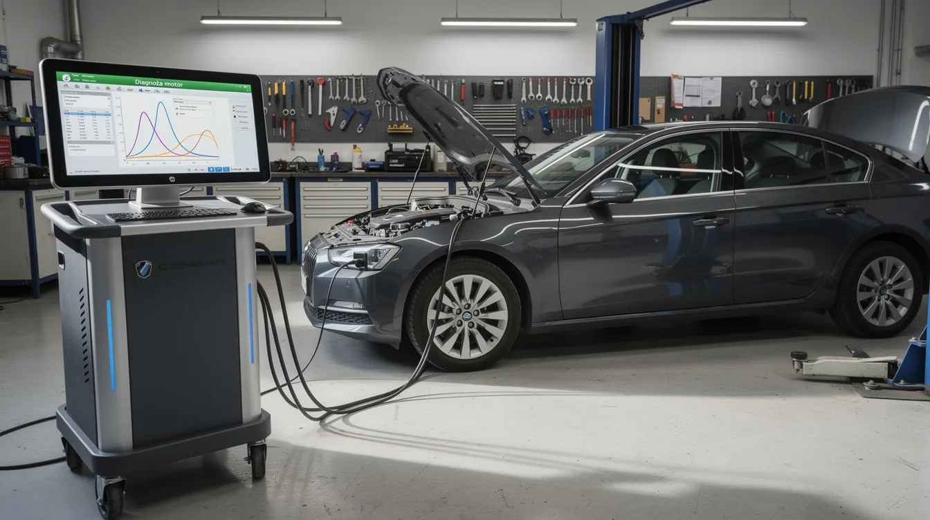 Imaginea prezintă un tester de diagnoză conectat la o mașină într-un atelier auto, unde mecanicul verifică semnele de defecțiune ale motorului, cum ar fi zgomotele neobișnuite sau consumul crescut de combustibil. Instrumentul ajută la identificarea problemelor, indicând necesitatea unei vizite la service pentru a asigura performanța optimă a vehiculului.