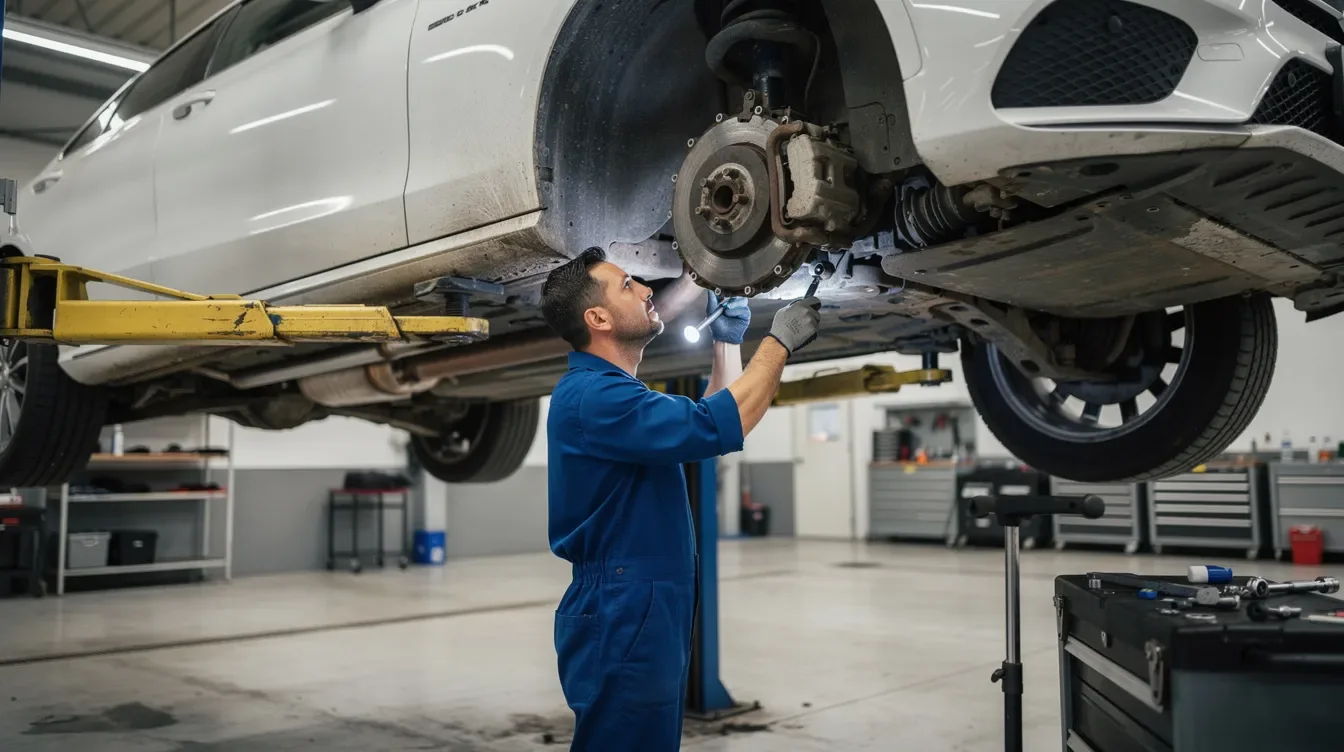 Mecanic verificând suspensia unui Mercedes-Benz C-Class W204 pe elevator