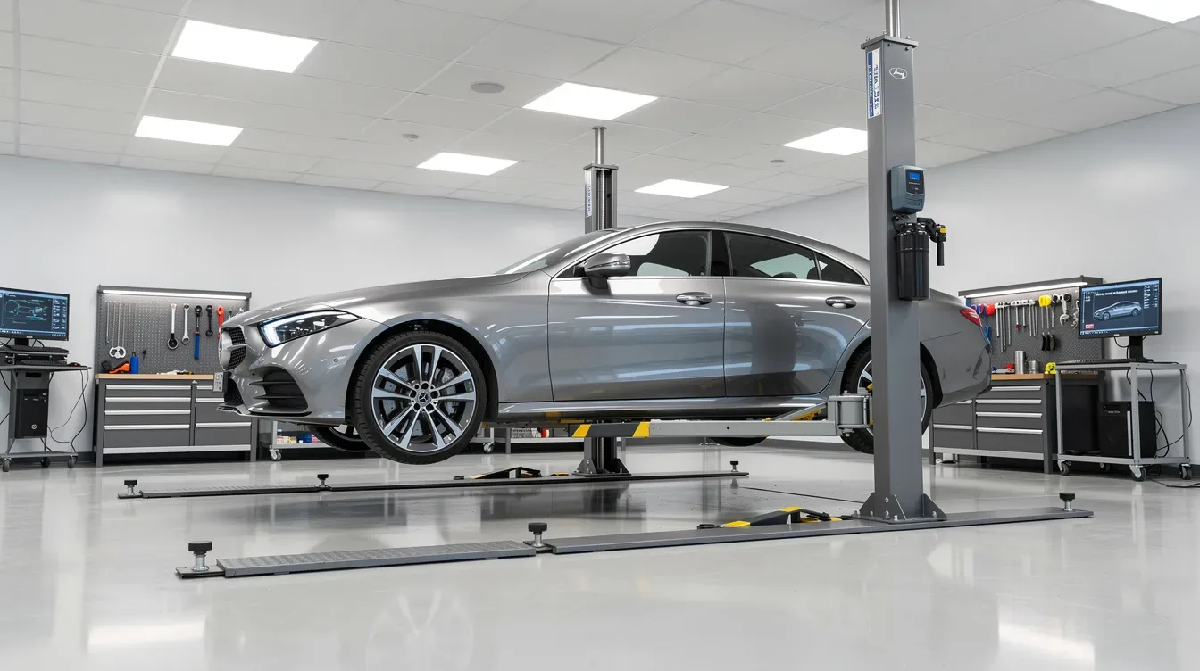 Mercedes CLS pe elevator într-un service auto modern