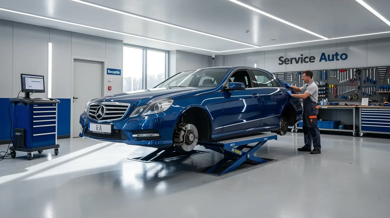 Mercedes E-Class W212 pe elevator într-un service auto modern