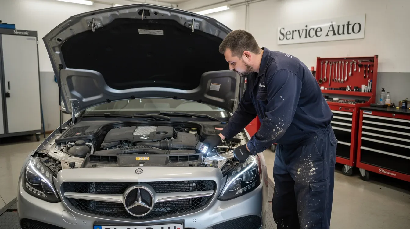 Mecanic verificând motorul unui Mercedes-Benz A-Class W176 în service auto