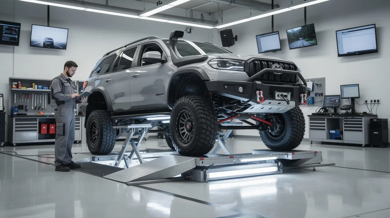 Nissan Pathfinder R51 pe elevator pentru verificare într-un service auto