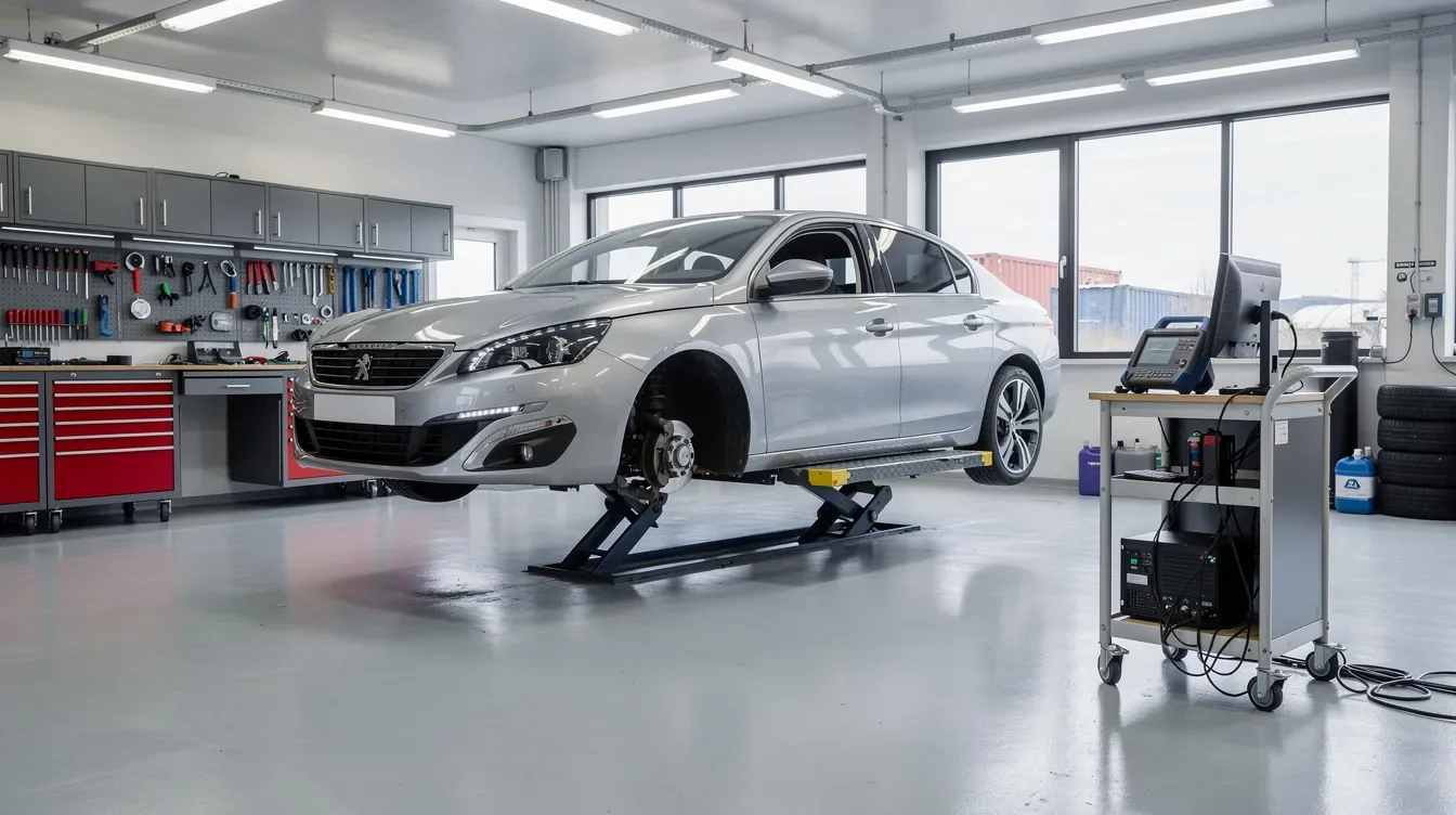 Peugeot 508 pe elevator într-un atelier auto pentru verificare tehnică