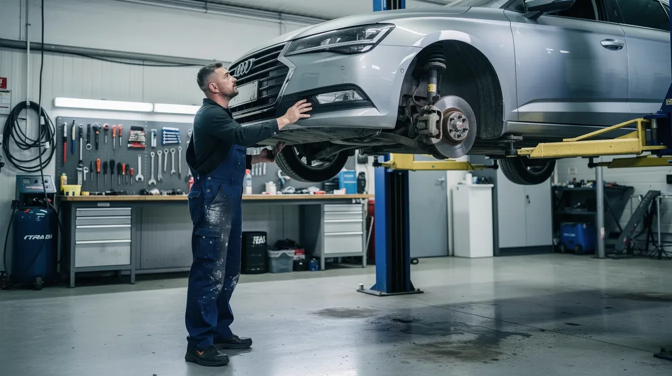 Verificarea suspensiei unui Peugeot 508 pe elevator într-un service auto