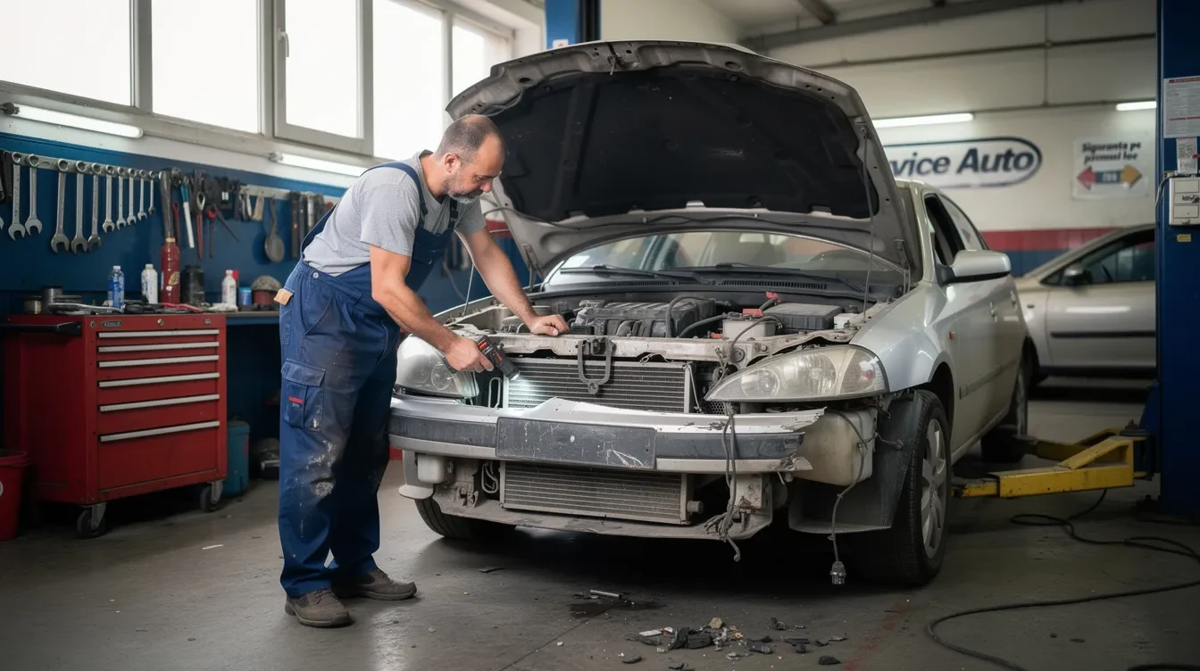 Mecanic inspectând partea frontală a unei mașini avariate pentru constatarea daunelor