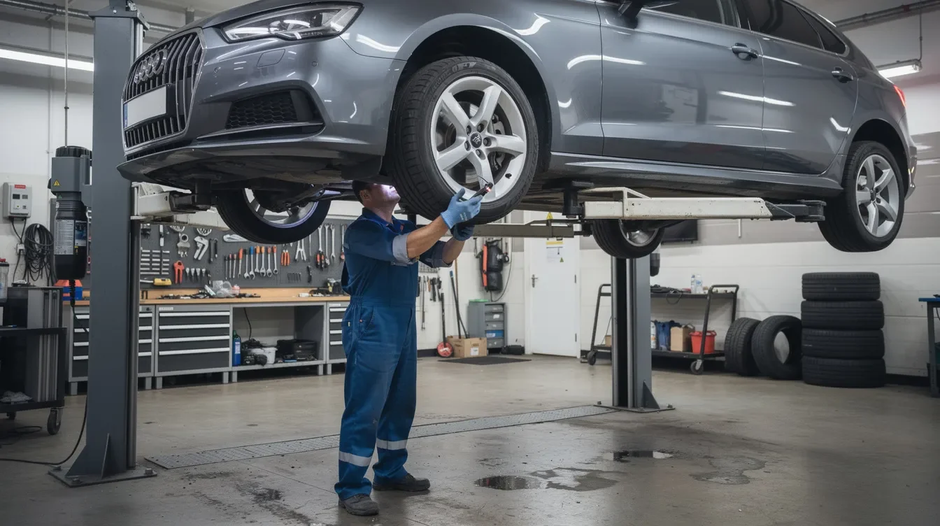 Mecanic inspectând partea inferioară a unei mașini într-un service auto