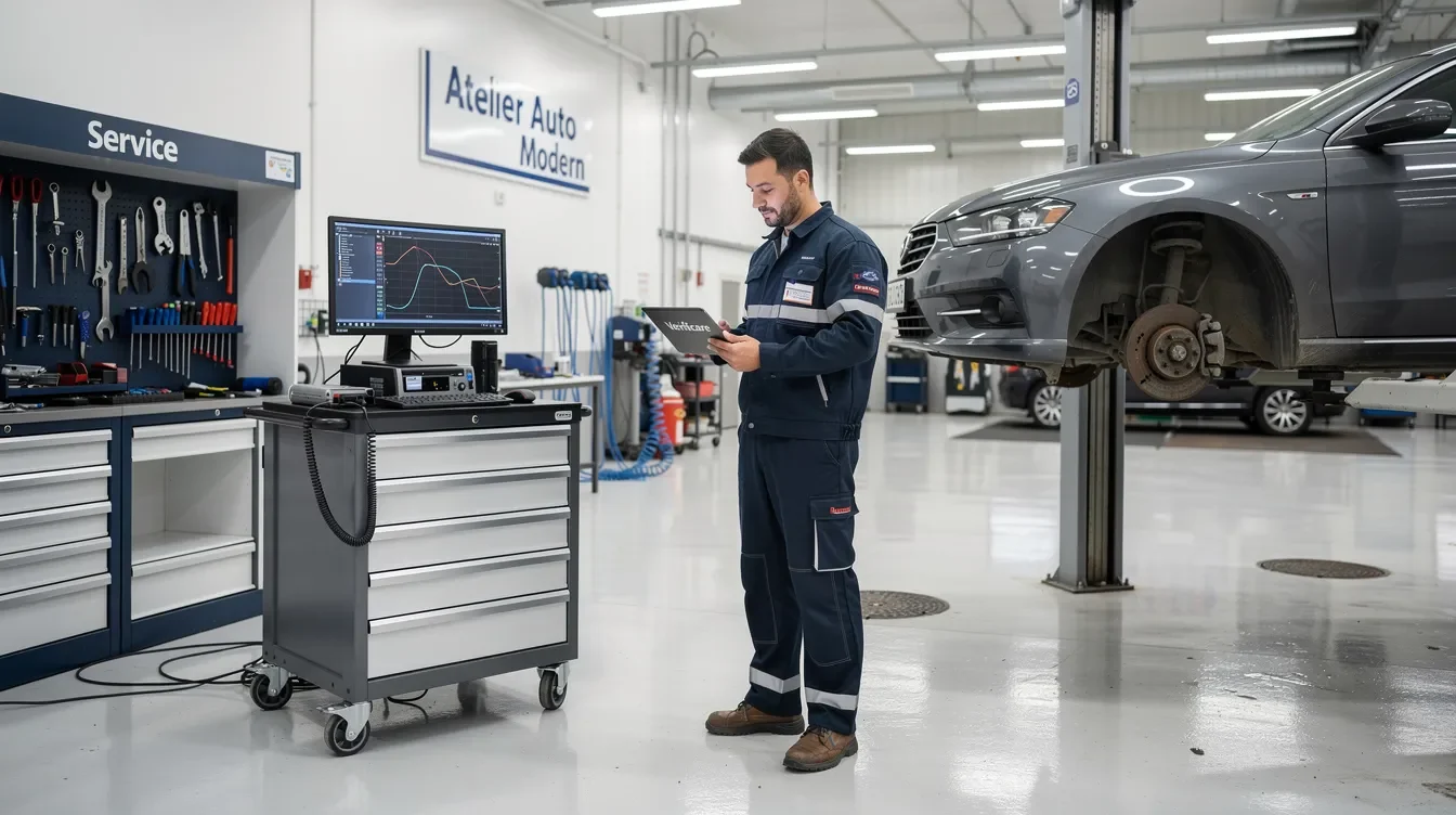 Mecanic inspectând o mașină pe elevator într-un atelier auto