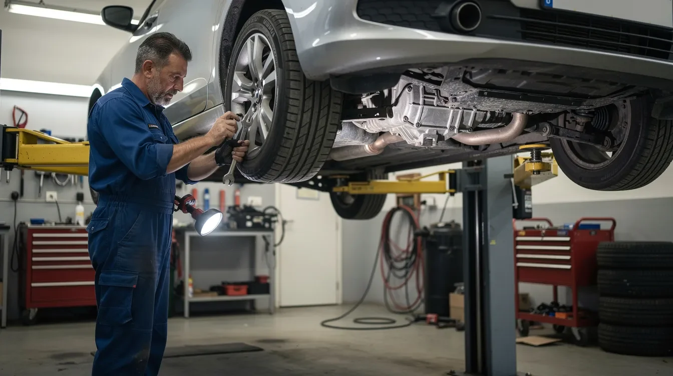 Mecanic verificând transmisia unui Renault Espace pe elevator