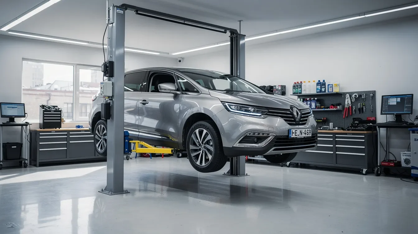 Renault Espace V ridicat pe elevator pentru verificări într-un atelier auto