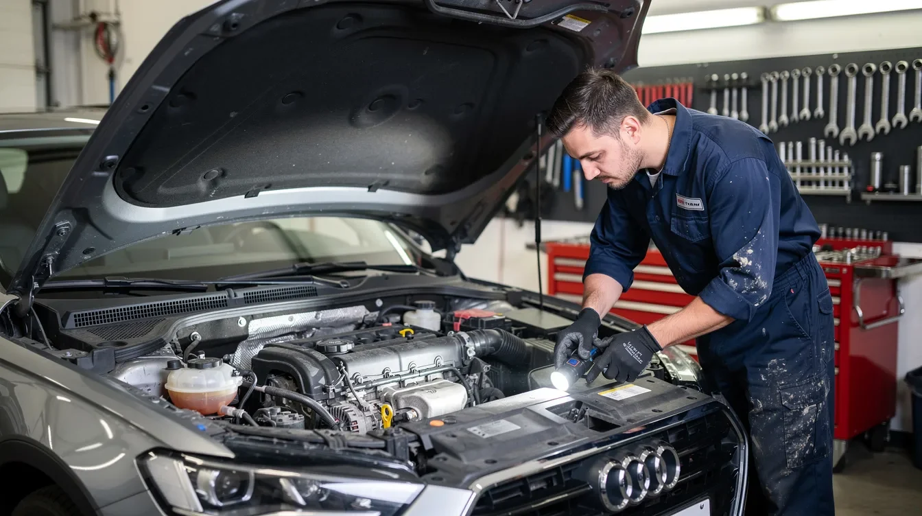 Mecanic inspectând componentele unui motor auto în timpul reviziei