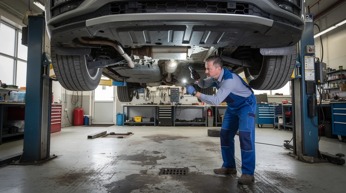 Mecanic examinând filtrul de particule al unui vehicul diesel