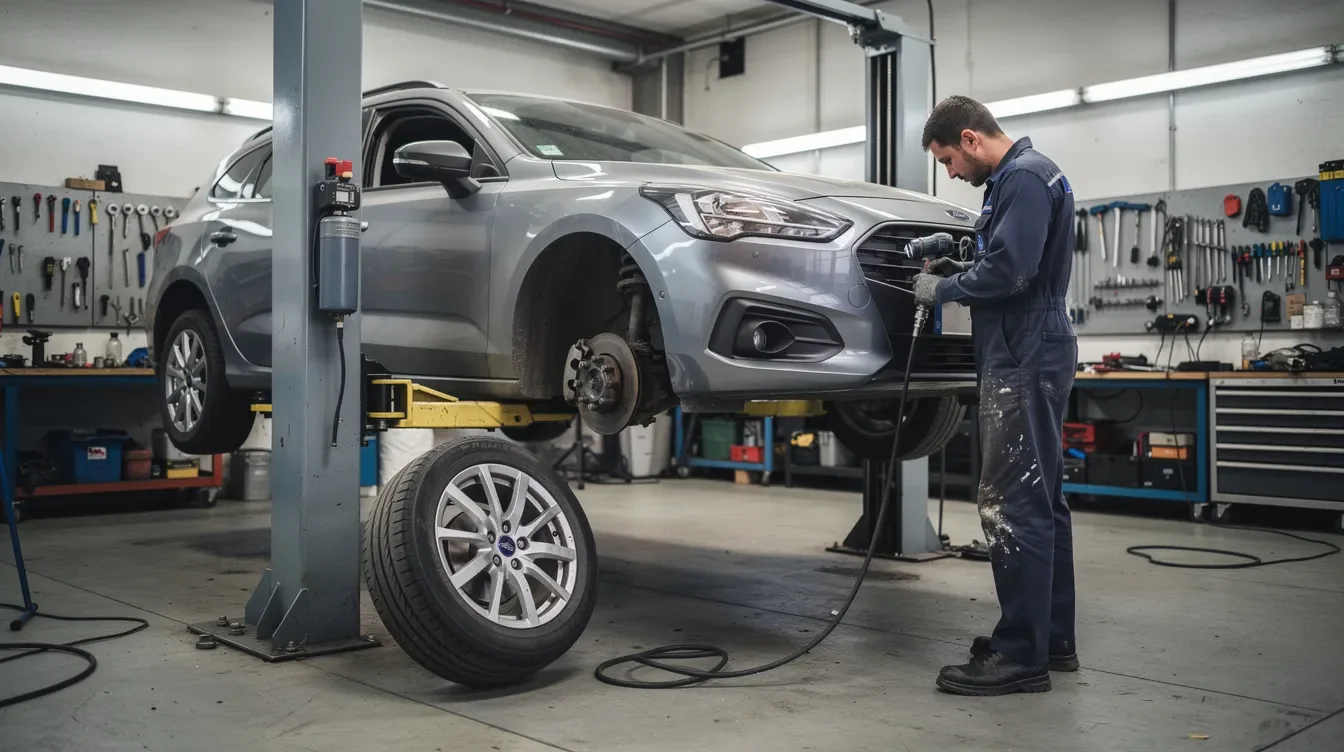 Mecanic demontând o roată pentru schimbul anvelopelor într-un service auto