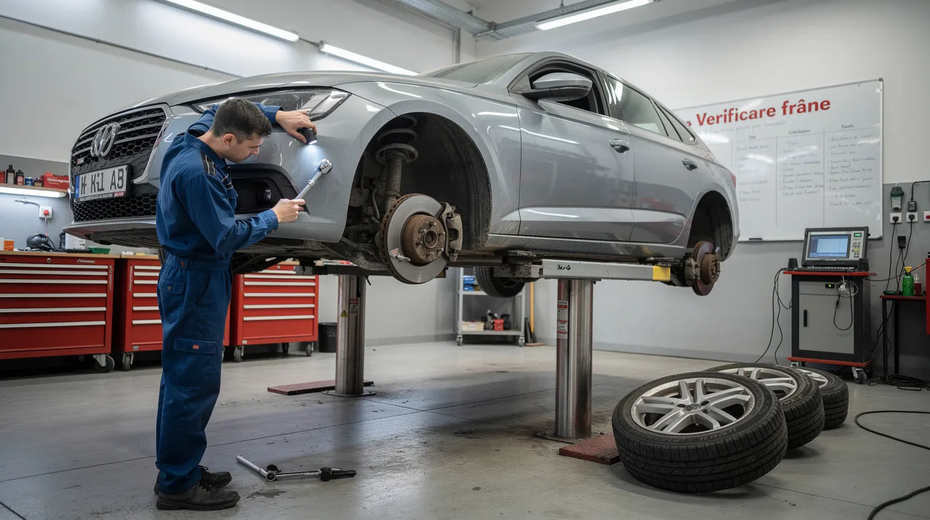 Mecanic verificând plăcuțele și discurile de frână într-un service auto