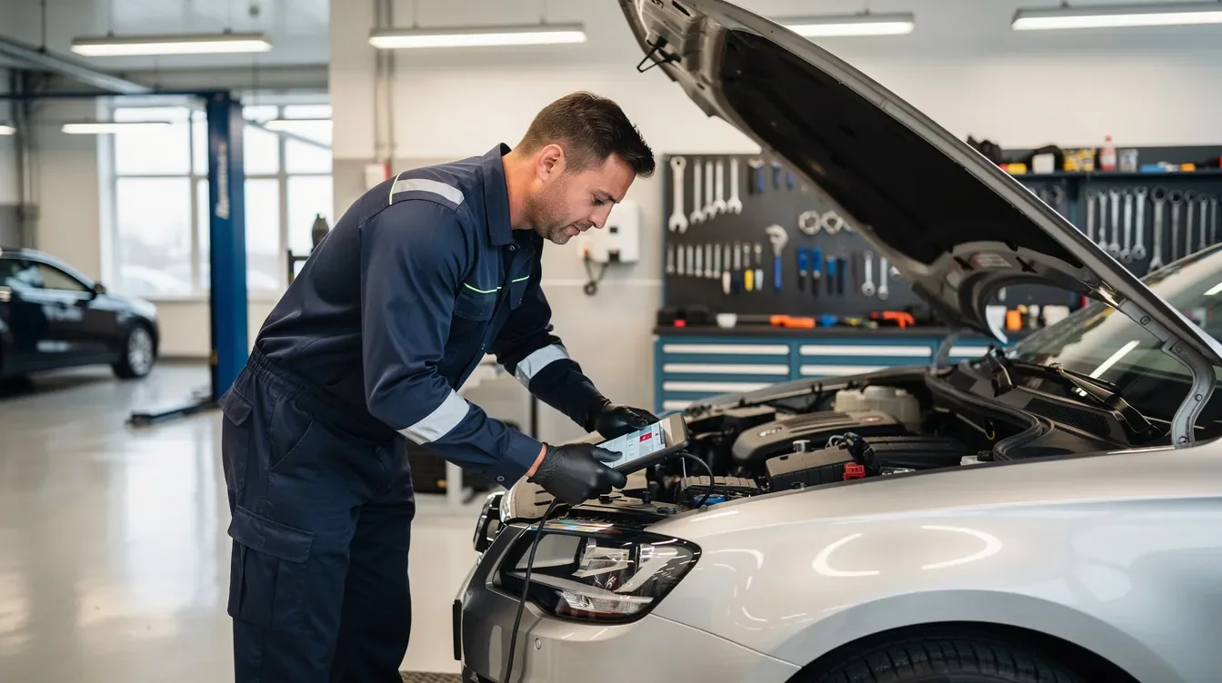 Un mecanic inspectează o mașină într-un atelier auto modern din Brașov, folosind unelte specializate pentru a verifica starea vehiculului. Atelierul oferă servicii pentru mașini Toyota, inclusiv modele hibride, și permite programări online.