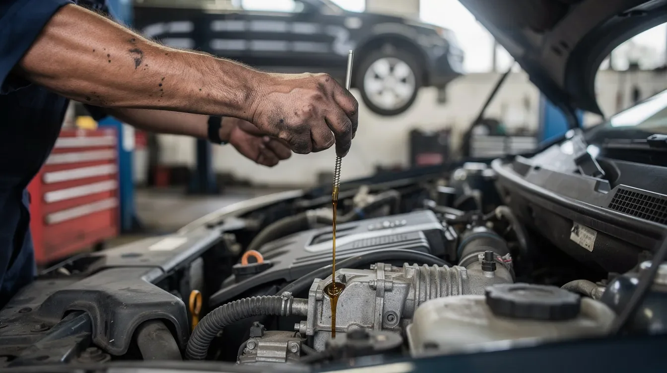 Imaginea prezintă mâinile unui mecanic care verifică nivelul de ulei al unui motor de mașină într-un atelier auto, evidențiind atenția la detalii necesară în cadrul serviciilor oferite de Radacini Motors Brașov. În fundal, se pot observa uneltele specifice utilizate în service-ul auto.