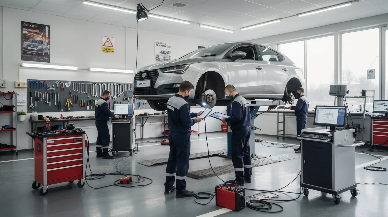 Imaginea prezintă o echipă de mecanici care lucrează într-un atelier auto modern din Brașov, unde un autoturism Kia este ridicat pe un elevator pentru a fi reparat. În fundal, se pot observa unelte și echipamente specifice unui service auto.