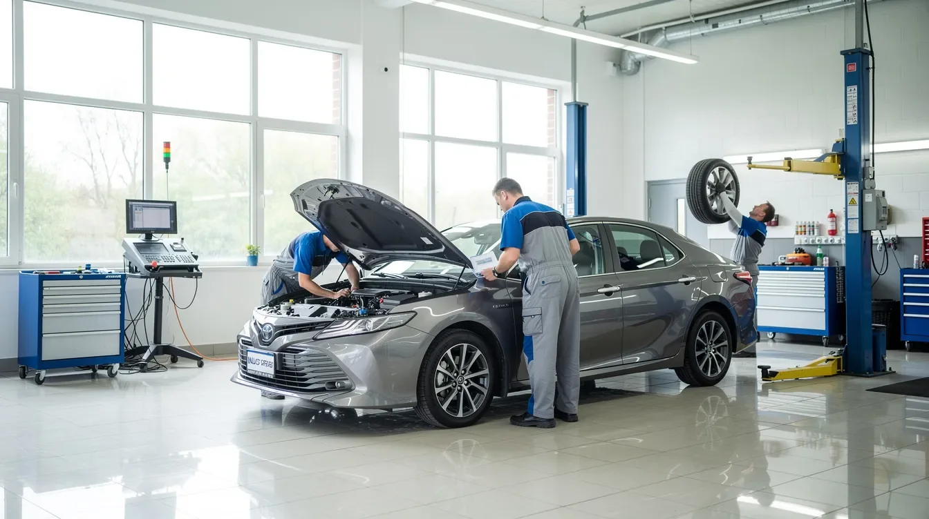 Imaginea prezintă un service auto luminos din Brașov, unde mai mulți mecanici lucrează la verificarea unor mașini Toyota. În fundal se pot observa unelte și echipamente specifice, evidențiind un mediu de lucru profesionist și bine organizat.