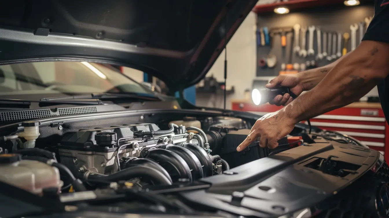 Imaginea prezintă un motor auto deschis într-un atelier, unde mâinile unui mecanic inspectează cu atenție componentele. Aceasta ilustrează procesul de verificare și întreținere, esențial pentru un service auto de calitate, precum cel al dealer-ului Peugeot din Brașov.