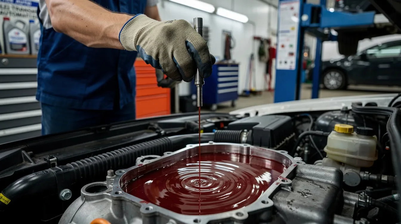 Un mecanic inspectează uleiul unei transmisii automate într-un atelier auto din Brașov, asigurându-se că totul funcționează bine pentru clienții care vin la service-ul Nissan. În fundal, se pot observa unelte și echipamente specifice pentru schimbul de ulei.