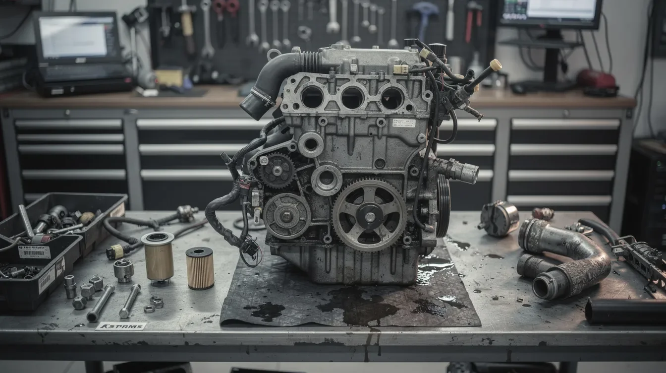 Imaginea prezintă un motor TDI demontat parțial, așezat pe un banc de lucru într-un atelier auto din Brașov. Componentele și filtrele necesare pentru verificarea și schimbul acestuia sunt vizibile, evidențiind procesul de service pentru mașini, în special pentru modelele Škoda.
