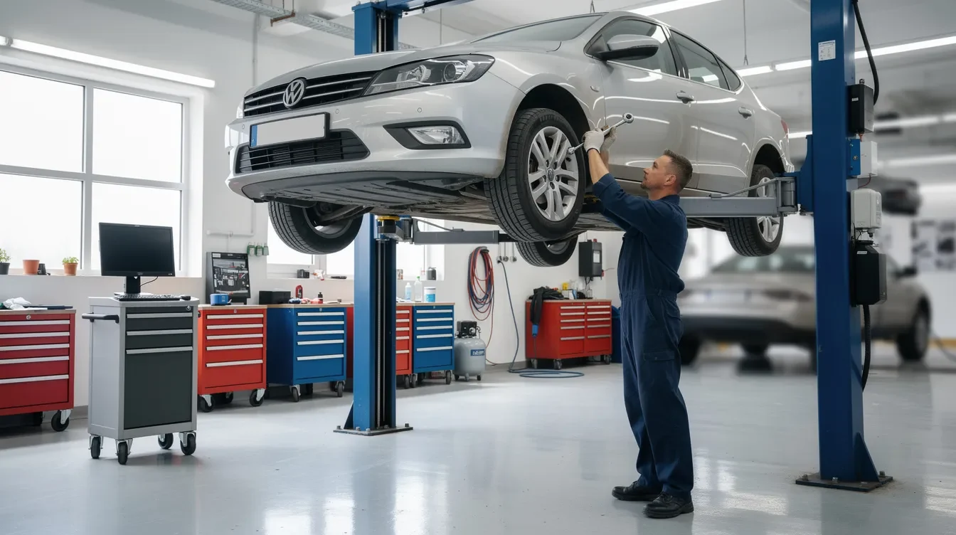 Mecanic lucrează la un autoturism în atelier