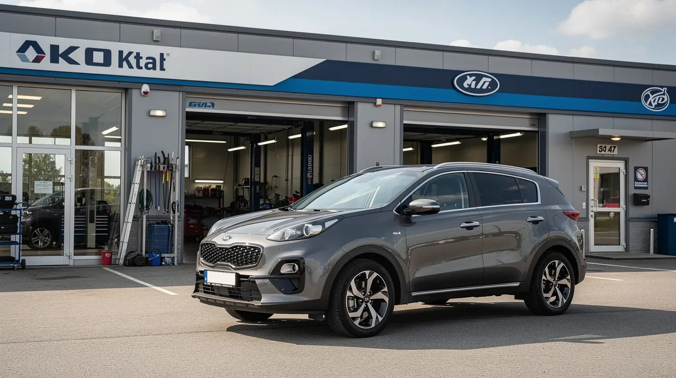 Imaginea prezintă un SUV modern Kia parcat în fața unui service auto profesionist, cu un aspect curat și bine întreținut. În fundal, se pot observa detalii despre atelier, sugerând un mediu dedicat îngrijirii automobilelor, specific pentru Brașov.