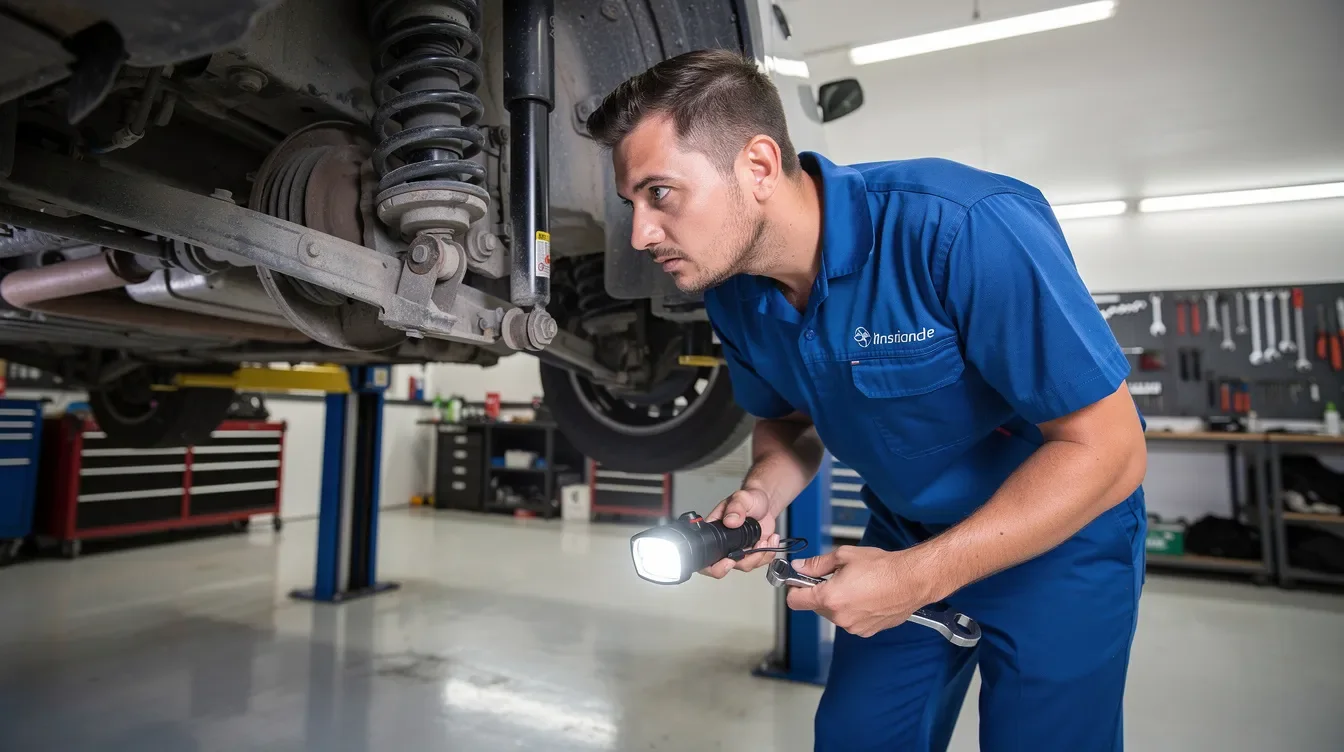 Un mecanic auto îmbrăcat în uniformă albastră inspectează suspensia unei mașini pe rampă, într-un atelier bine iluminat, parte a serviciului Radacini Motors Brașov, specializat în diverse mărci precum Mazda, Opel și Honda. Atelierul este dotat cu echipamente moderne, oferind un mediu profesional pentru întreținerea vehiculelor.